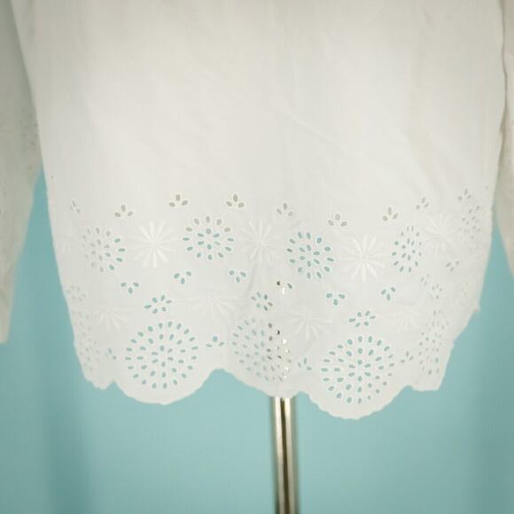 Talbots Size XL White Eyelet Embroidered Hem Detail Split V Neck Long Sleeve Top - Picture 2 of 6